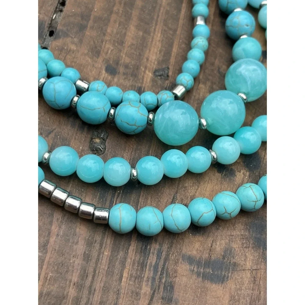 Turquoise Beaded Multi Strand Necklace & Earrings Set Southwestern Boho Jewelry